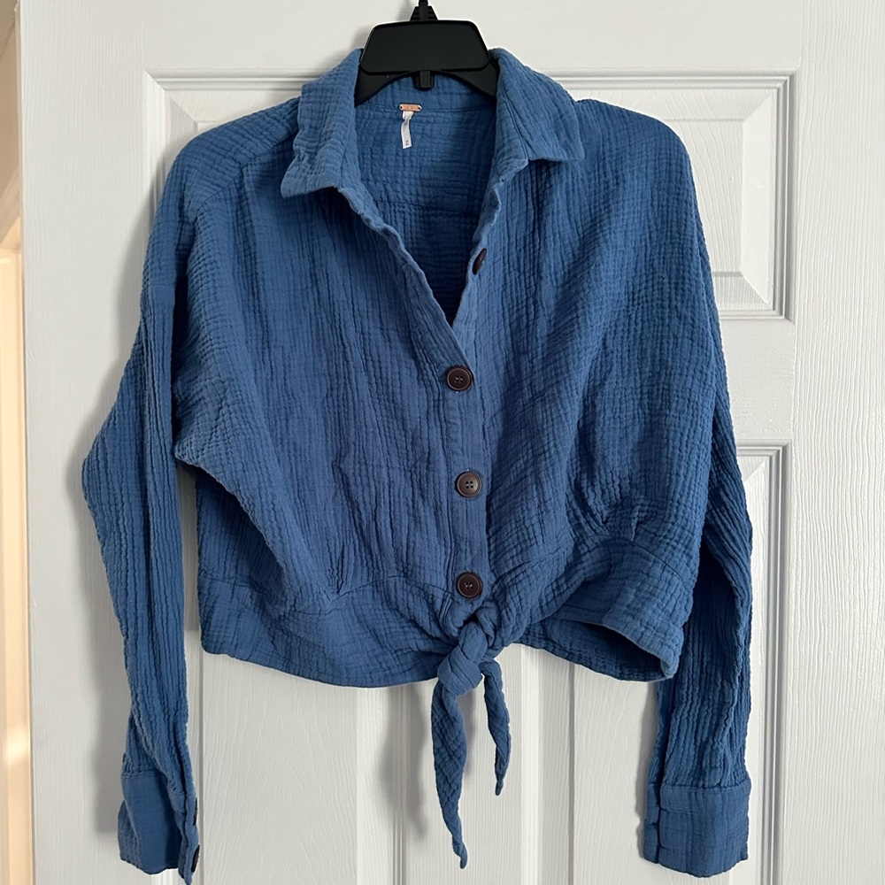 Free People Blue Tie front blouse